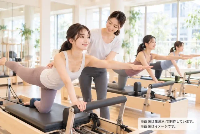 女性がマシンピラティスのリフォーマーでレッスンを受けているイメージ